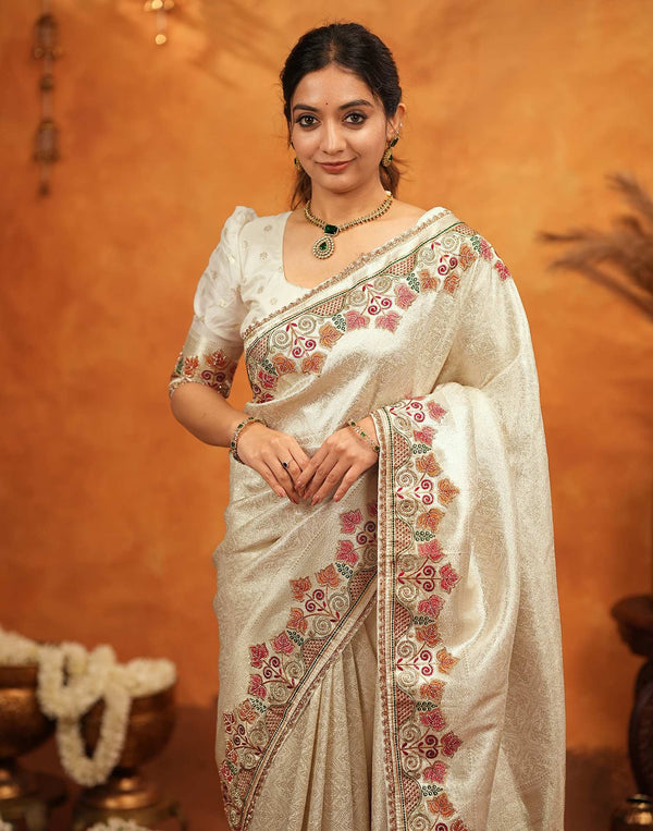 Off White Silk Woven Embroidery Stone Work Banarasi Saree