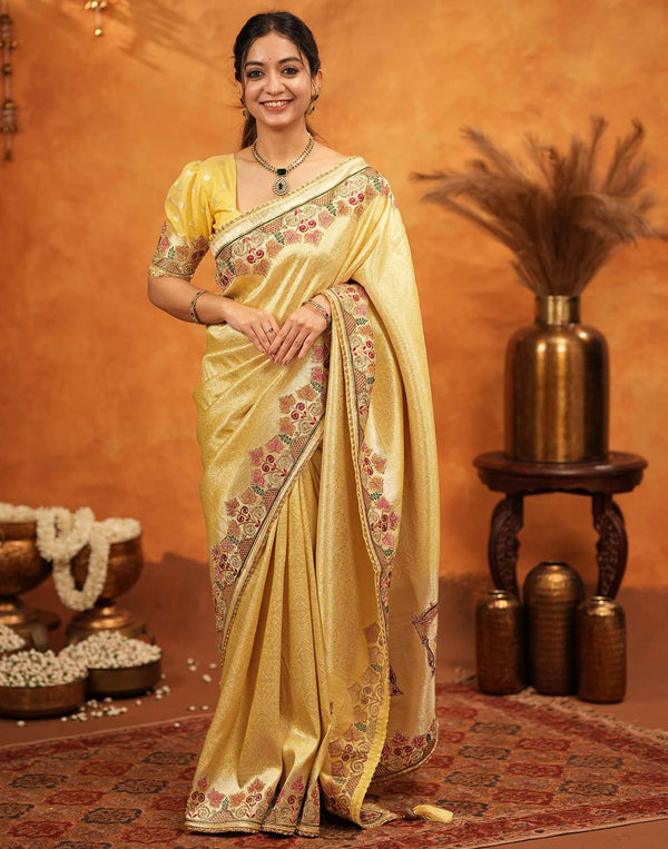 Light Yellow Silk Woven Embroidery Stone Work Banarasi Saree