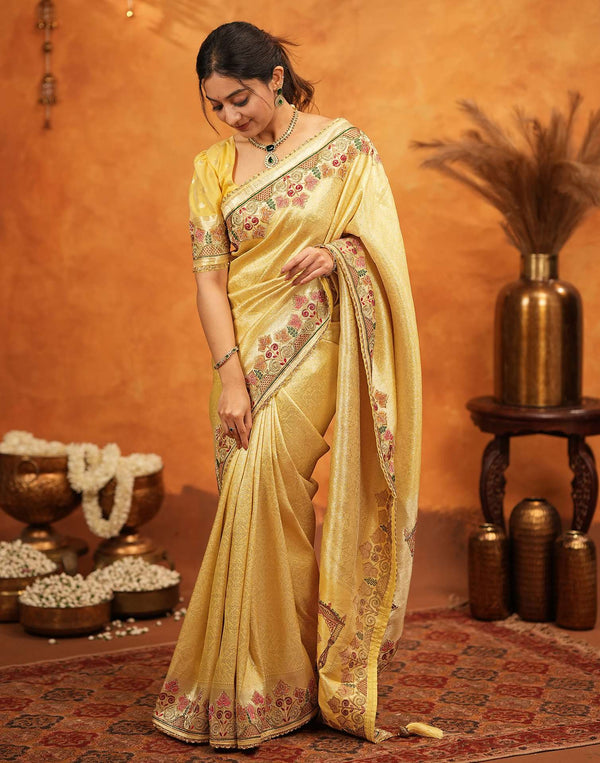 Light Yellow Silk Woven Embroidery Stone Work Banarasi Saree