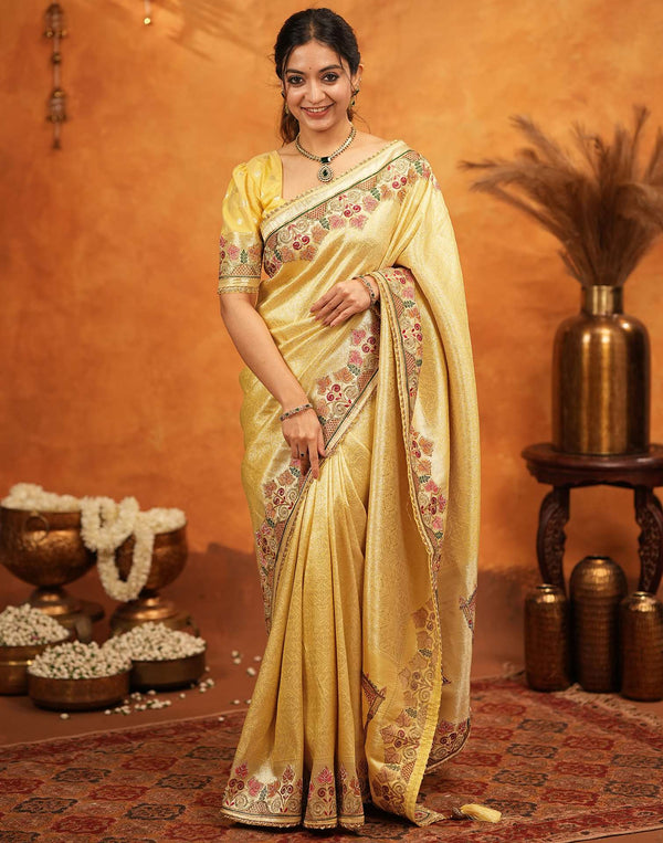 Light Yellow Silk Woven Embroidery Stone Work Banarasi Saree