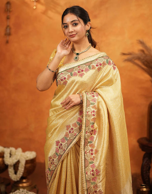 Light Yellow Silk Woven Embroidery Stone Work Banarasi Saree