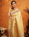 Light Yellow Silk Woven Embroidery Stone Work Banarasi Saree