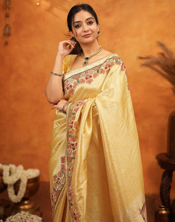 Light Yellow Silk Woven Embroidery Stone Work Banarasi Saree