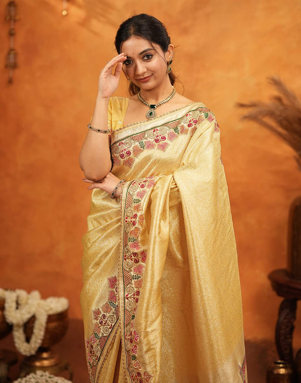 Light Yellow Silk Woven Embroidery Stone Work Banarasi Saree