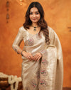 Beige Silk Woven Embroidery Stone Work Banarasi Saree