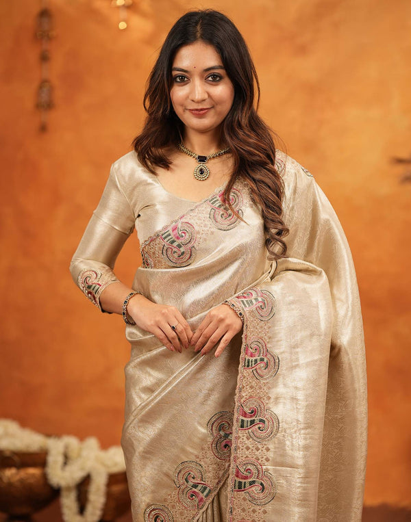 Beige Silk Woven Embroidery Stone Work Banarasi Saree