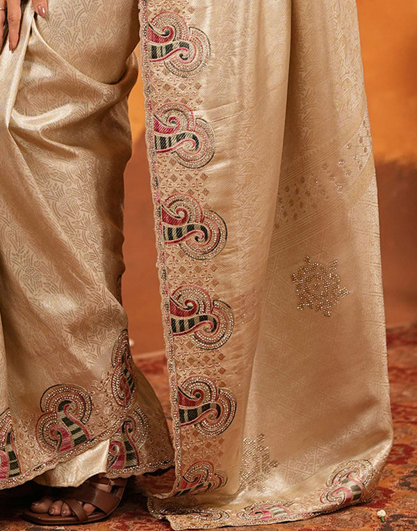 Beige Silk Woven Embroidery Stone Work Banarasi Saree