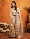 Beige Silk Woven Embroidery Stone Work Banarasi Saree