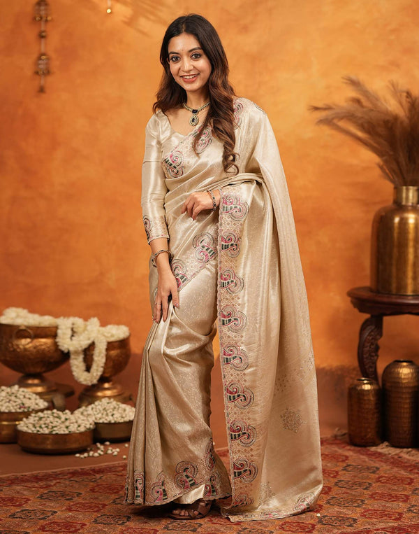 Beige Silk Woven Embroidery Stone Work Banarasi Saree
