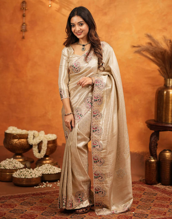 Beige Silk Woven Embroidery Stone Work Banarasi Saree