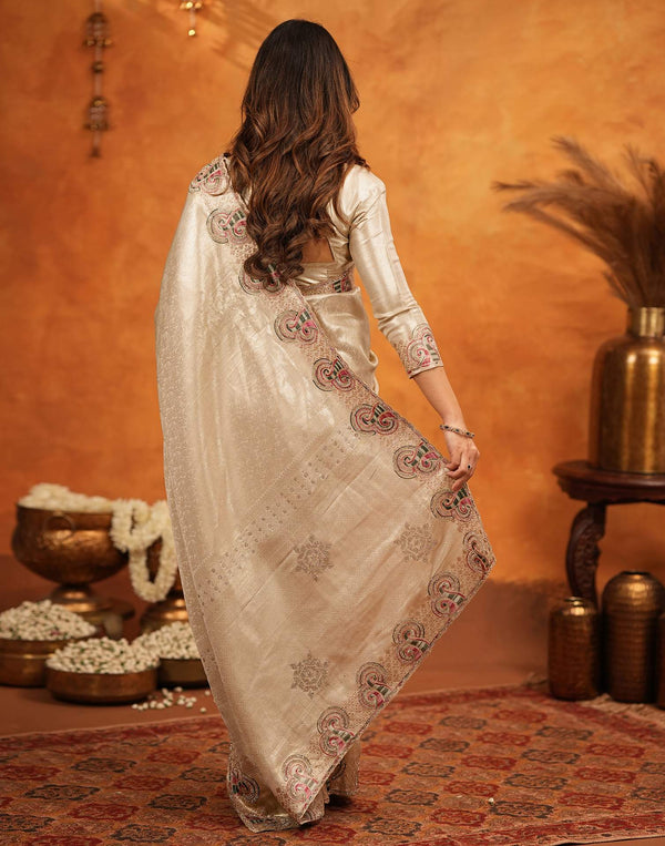 Beige Silk Woven Embroidery Stone Work Banarasi Saree