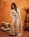Beige Silk Woven Embroidery Stone Work Banarasi Saree