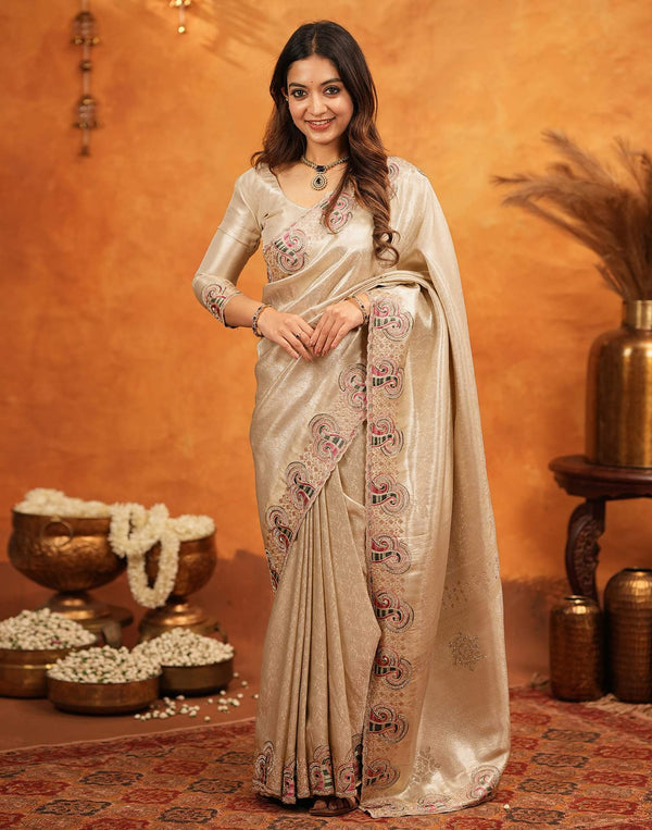 Beige Silk Woven Embroidery Stone Work Banarasi Saree