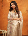 Beige Silk Woven Embroidery Stone Work Banarasi Saree