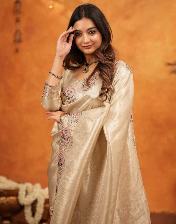 Beige Silk Woven Embroidery Stone Work Banarasi Saree