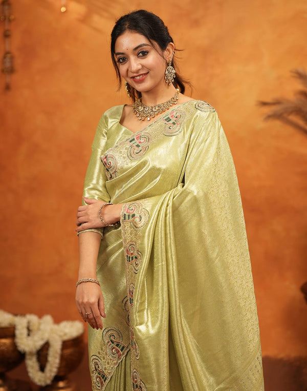 Pista Green Silk Woven Embroidery Stone Work Banarasi Saree