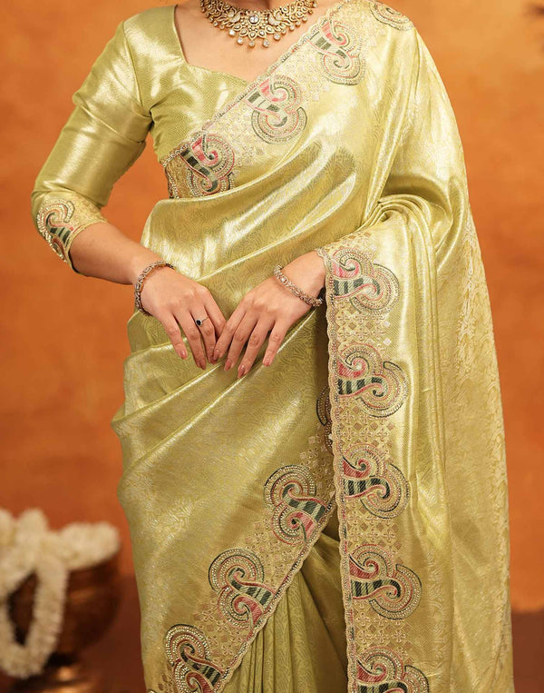 Pista Green Silk Woven Embroidery Stone Work Banarasi Saree