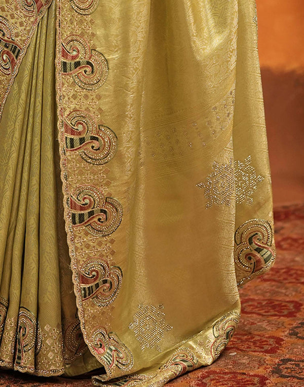 Pista Green Silk Woven Embroidery Stone Work Banarasi Saree