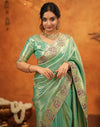 Mint Green Silk Woven Embroidery Stone Work Banarasi Saree