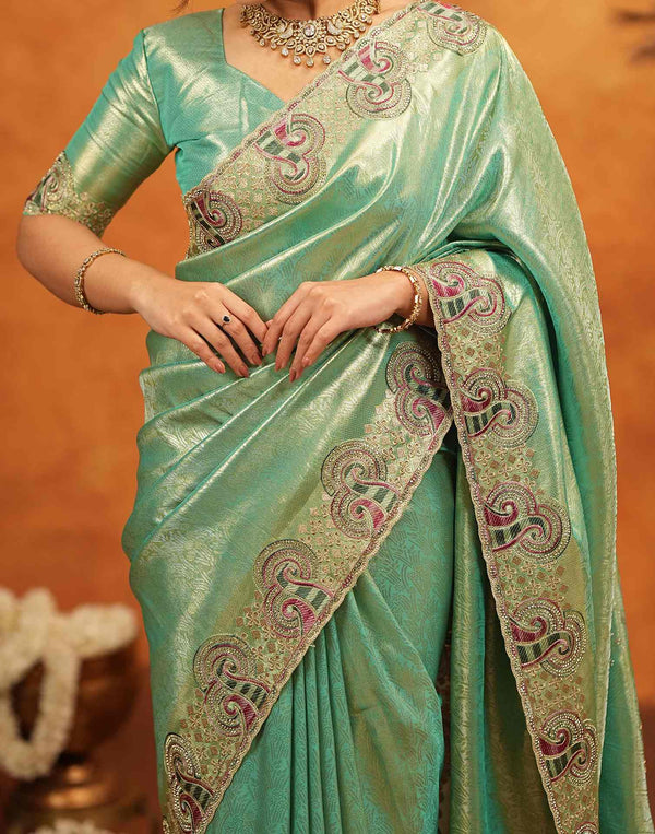 Mint Green Silk Woven Embroidery Stone Work Banarasi Saree