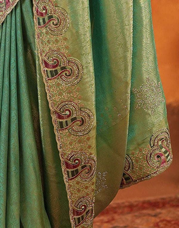 Mint Green Silk Woven Embroidery Stone Work Banarasi Saree