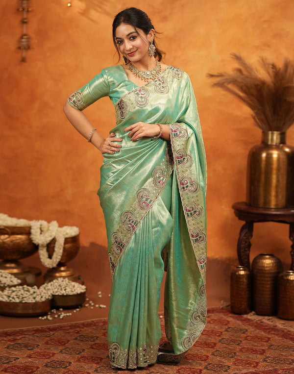 Mint Green Silk Woven Embroidery Stone Work Banarasi Saree