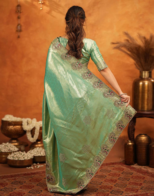 Mint Green Silk Woven Embroidery Stone Work Banarasi Saree