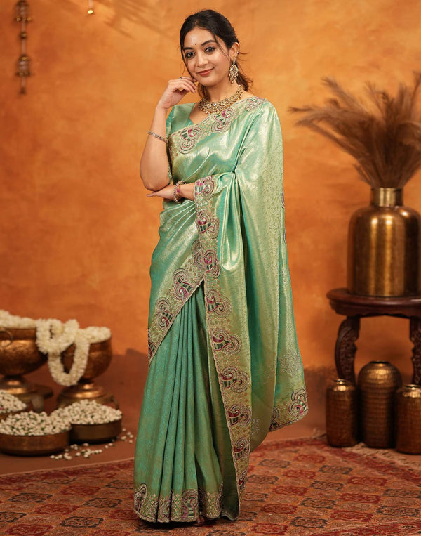 Mint Green Silk Woven Embroidery Stone Work Banarasi Saree