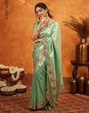 Mint Green Silk Woven Embroidery Stone Work Banarasi Saree