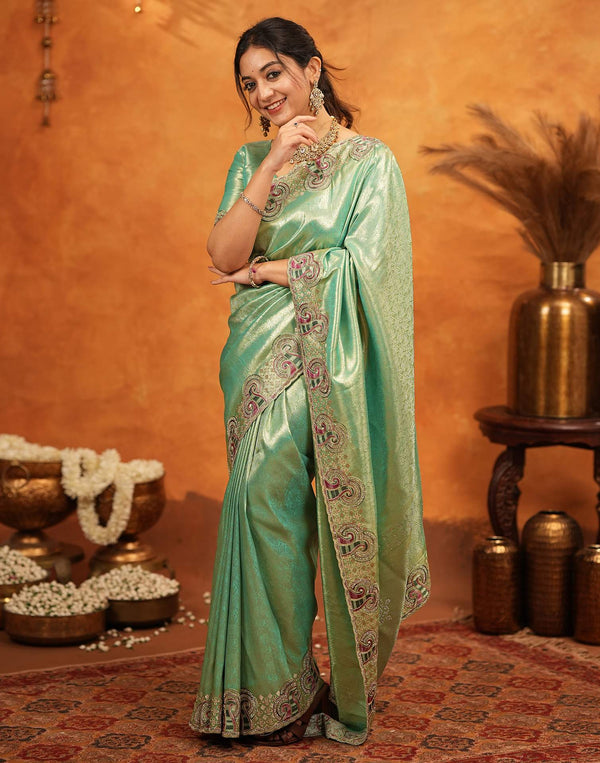 Mint Green Silk Woven Embroidery Stone Work Banarasi Saree