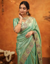 Mint Green Silk Woven Embroidery Stone Work Banarasi Saree
