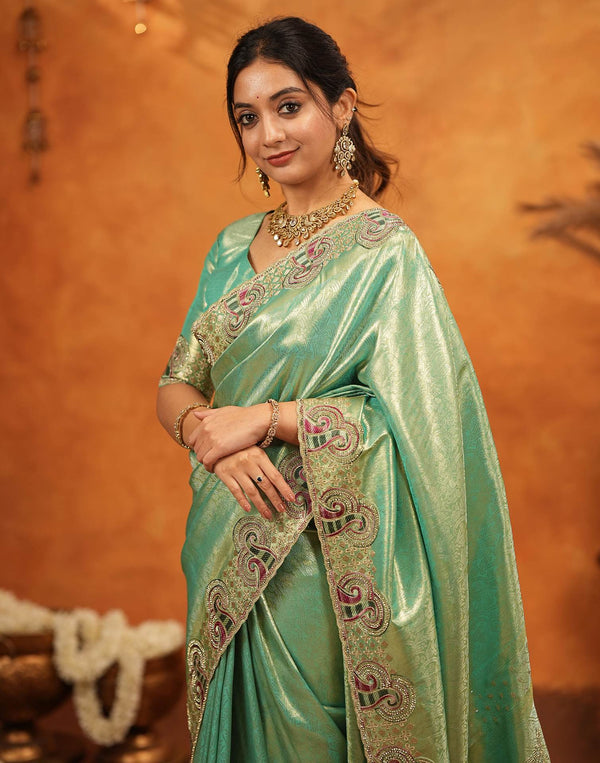 Mint Green Silk Woven Embroidery Stone Work Banarasi Saree