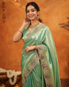 Mint Green Silk Woven Embroidery Stone Work Banarasi Saree