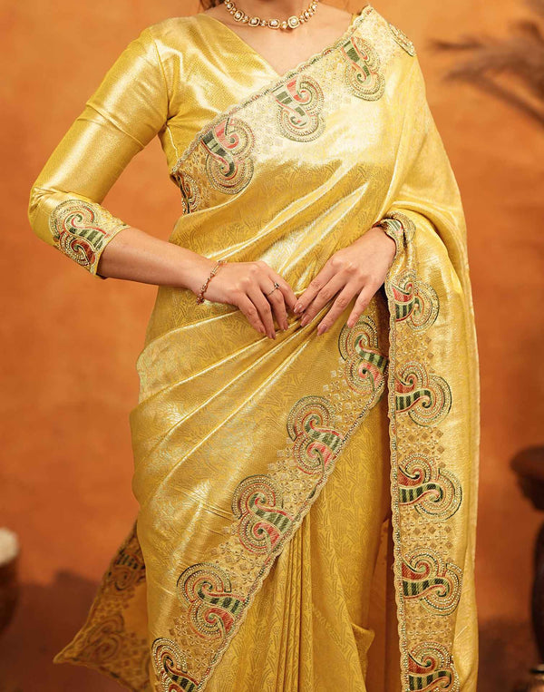 Yellow Silk Woven Embroidery Stone Work Banarasi Saree