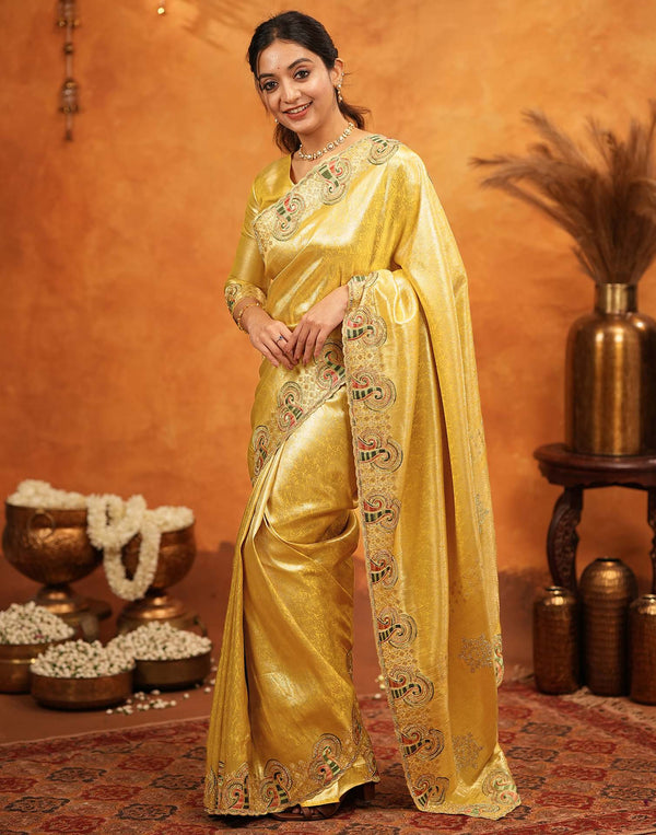 Yellow Silk Woven Embroidery Stone Work Banarasi Saree