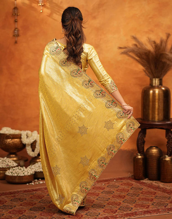 Yellow Silk Woven Embroidery Stone Work Banarasi Saree