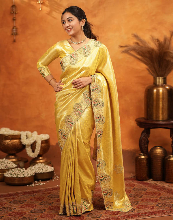 Yellow Silk Woven Embroidery Stone Work Banarasi Saree