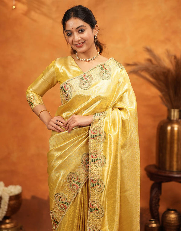 Yellow Silk Woven Embroidery Stone Work Banarasi Saree