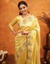 Yellow Silk Woven Embroidery Stone Work Banarasi Saree