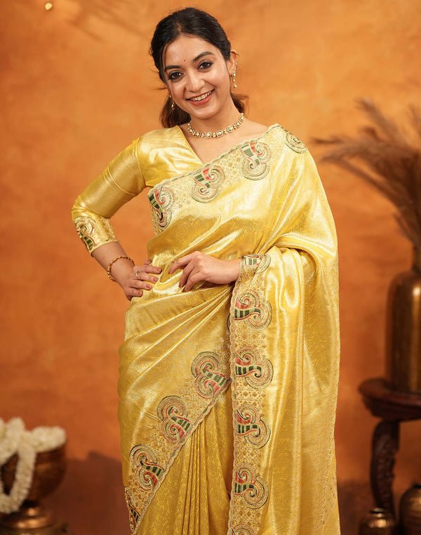 Yellow Silk Woven Embroidery Stone Work Banarasi Saree