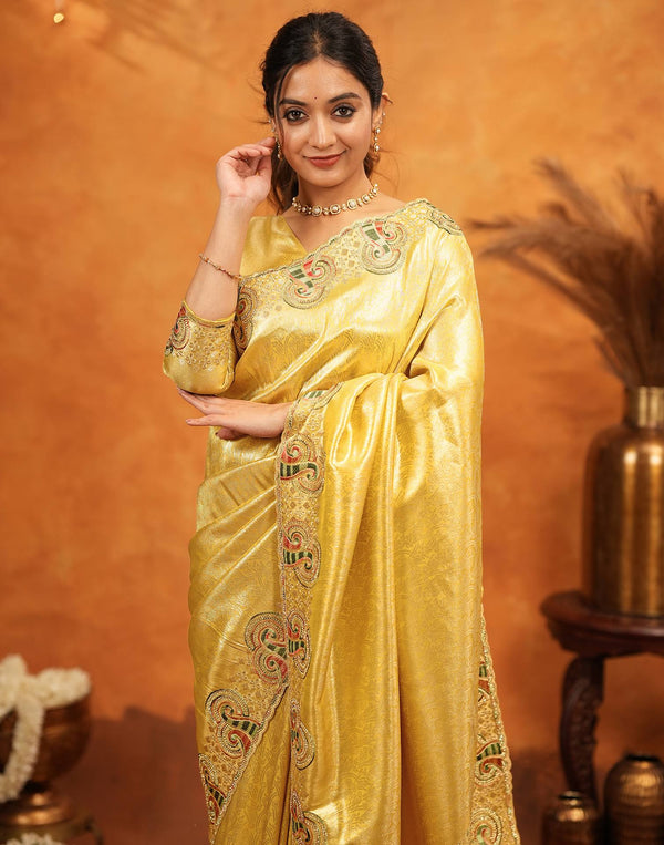 Yellow Silk Woven Embroidery Stone Work Banarasi Saree