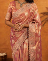 Dusty Rose Pink Silk Woven Embroidery Stone Work Banarasi Saree