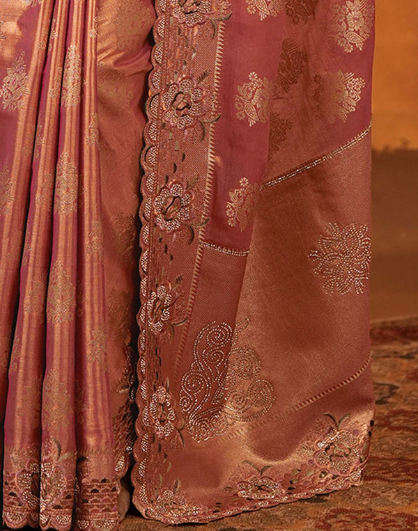 Dusty Rose Pink Silk Woven Embroidery Stone Work Banarasi Saree