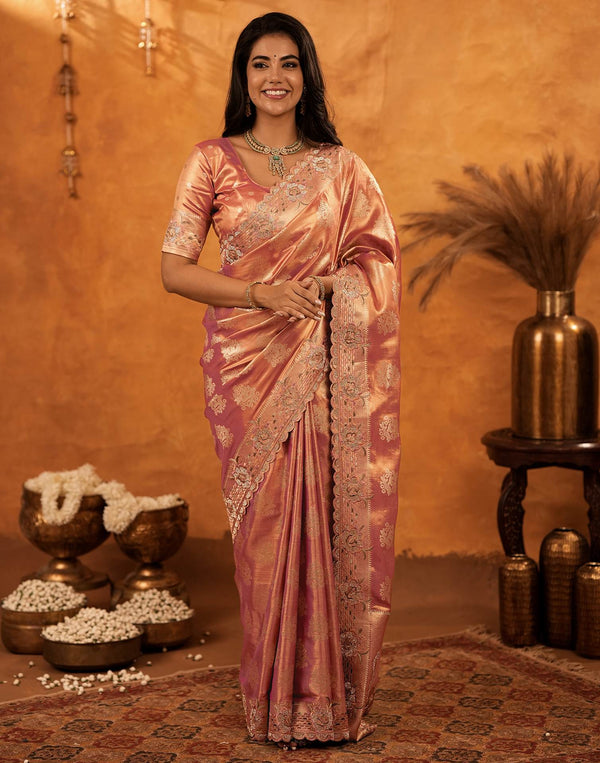 Dusty Rose Pink Silk Woven Embroidery Stone Work Banarasi Saree