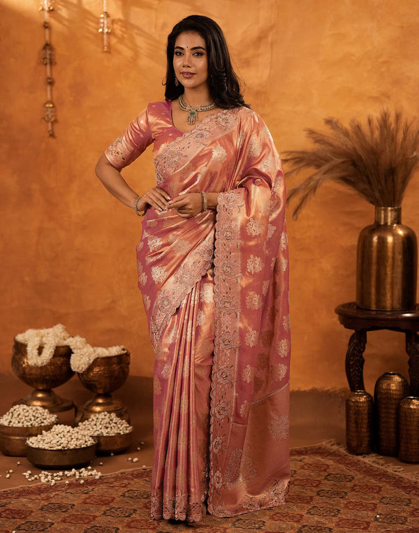 Dusty Rose Pink Silk Woven Embroidery Stone Work Banarasi Saree