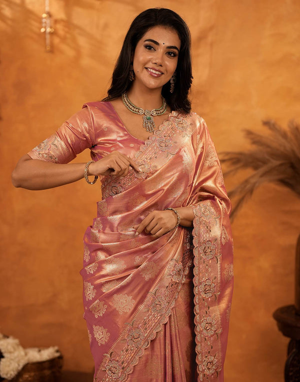 Dusty Rose Pink Silk Woven Embroidery Stone Work Banarasi Saree