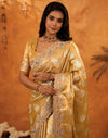 Light Mustard Silk Woven Embroidery Stone Work Banarasi Saree