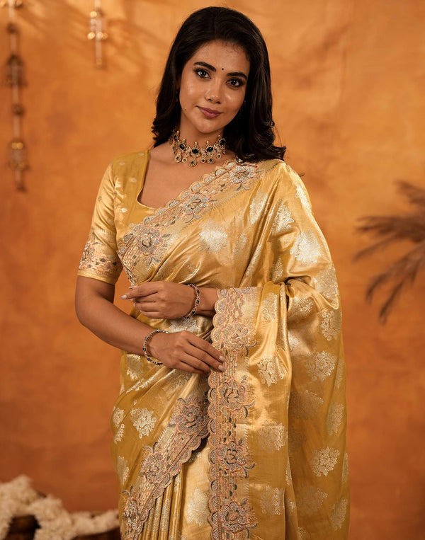 Light Mustard Silk Woven Embroidery Stone Work Banarasi Saree
