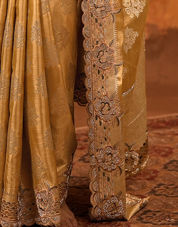 Light Mustard Silk Woven Embroidery Stone Work Banarasi Saree