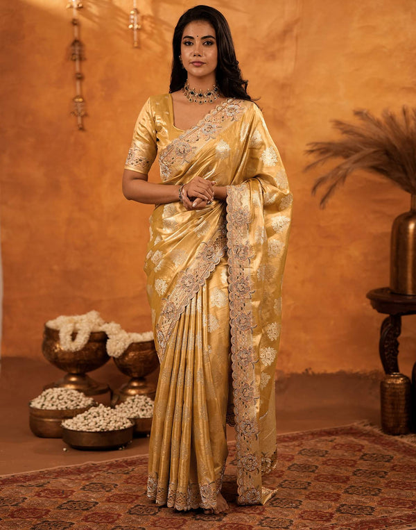 Light Mustard Silk Woven Embroidery Stone Work Banarasi Saree
